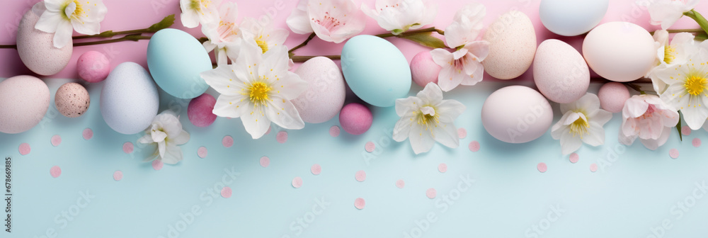 Happy Easter Decor Concept Banner. Top View Flat-lay. Easter Eggs with Spring Cherry Blossom Flower on Pastel Blue and Pink Background with Empty Copy Space Happy Easter Decor Concept Banner. Top View Flat-lay. Easter Eggs with Spring Cherry Blossom Flower on Pastel Blue and Pink Background with Empty Copy Space