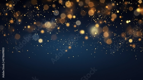 New year, Christmas background with gold stars and sparkling. Golden light shine particles bokeh on navy background