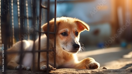 A Curious Canine Next to a Cozy Cage