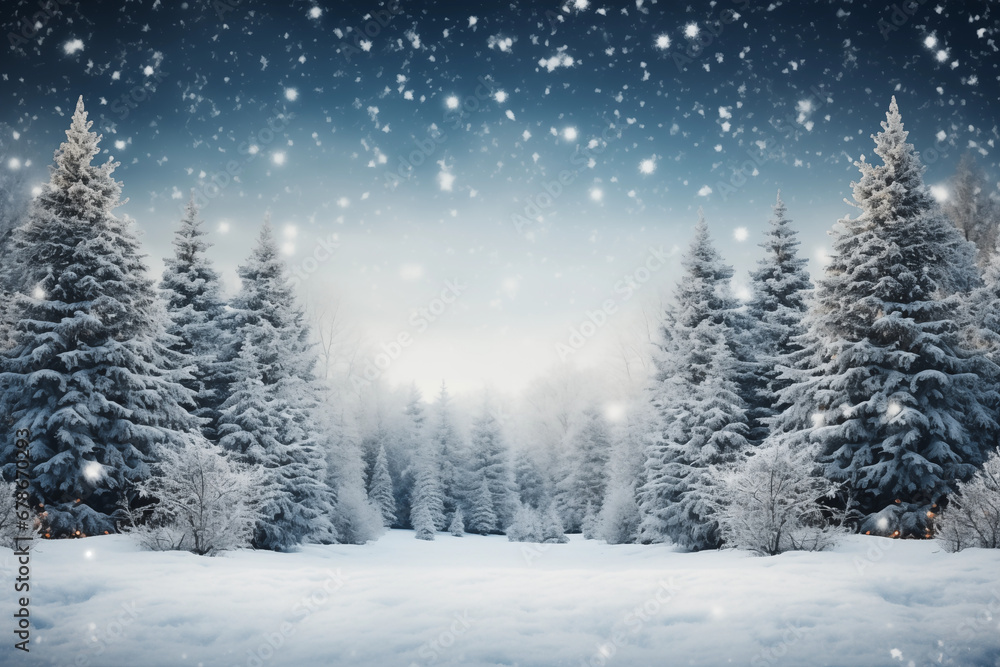 Naklejka premium Snowing in pine tree forest in winter. Christmas, new year, winter background. Copy space