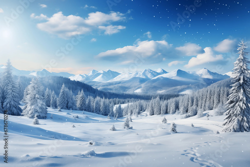 Winter forest with mountain, pine tree and snow. Christmas, new year, winter background. Free space © Patcharaphon