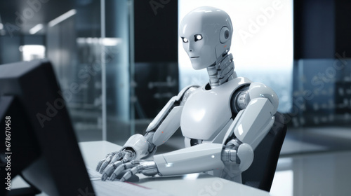 Futuristic humanoid robot engages with computer in high-tech workspace  symbolizing AI integration in modern office