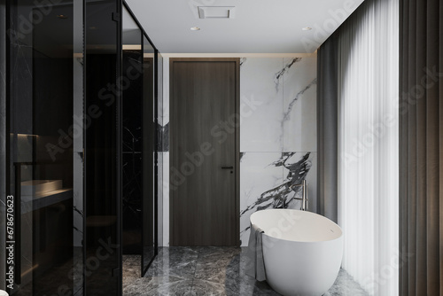 White Exclusive bathtub and faucet in the modern luxury Restroom. 3D rendering