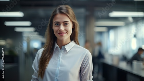 Caucasian Young Woman in Modern Office