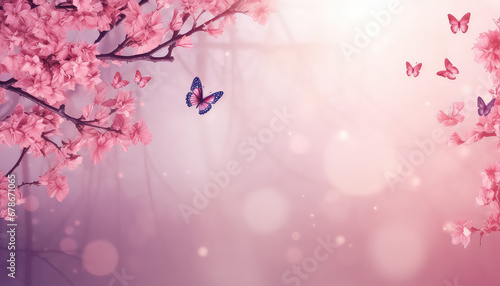 Cherry blossoms and butterflies on pink background world cancer day concept