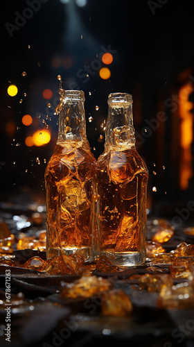 beer photography, holding beer bottles with both hands, intersecting beer bottles, splashing beer, atmosphere, summer hot background, optimizing beer bottles in hand created with Generative Ai