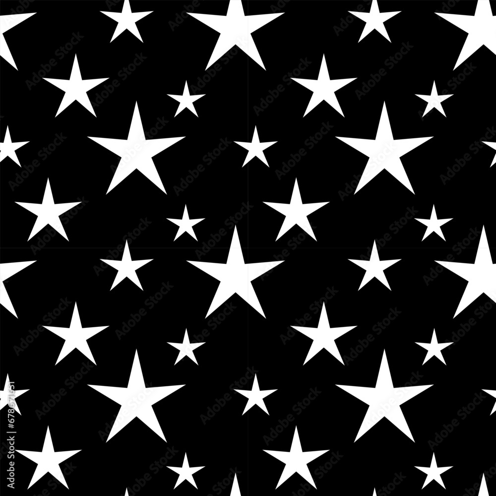 Vector seamless pattern of sparkle stars. Abstract print. Seamless pattern with white stars on black background. Abstract shine wrapping or textile design. Holiday and celebration. Vector seamless pattern of sparkle stars. Abstract print. Seamless pattern with white stars on black background. Abstract shine wrapping or textile design. Holiday and celebration.