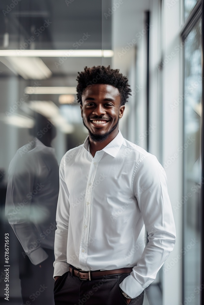 Obraz premium Smiling African American Young Man in Modern Office