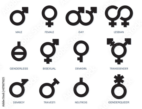 set of black gender icons isolated on white background