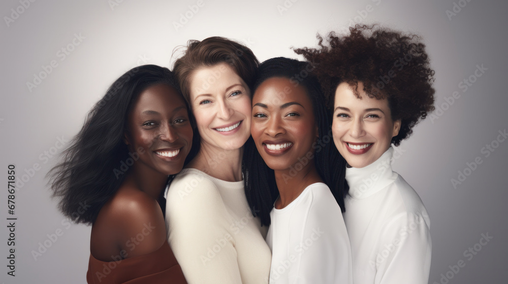 Diverse group of joyful women embracing and smiling, celebrating unity and friendship on a light background Diverse group of joyful women embracing and smiling, celebrating unity and friendship on a light background