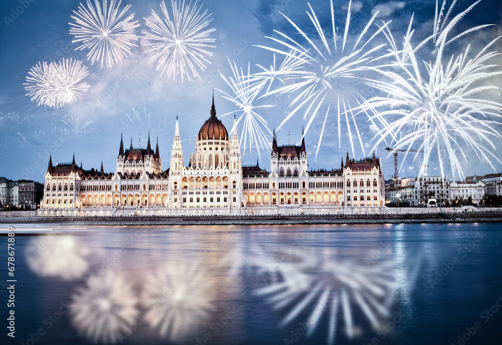 fireworks around Hungarian parliament-  New Year, Budapest
