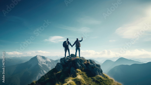Teamwork triumphs as friends clasp hands near a lush green mountain summit under a clear blue sky