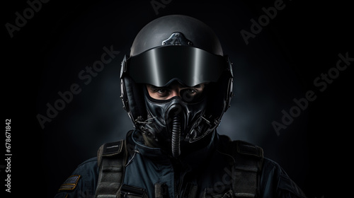 Portrait of fighter pilot wearing helmet on dark background with copy space