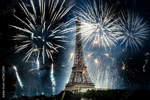 Photography fireworks over the Eiffel tower New Year in Paris