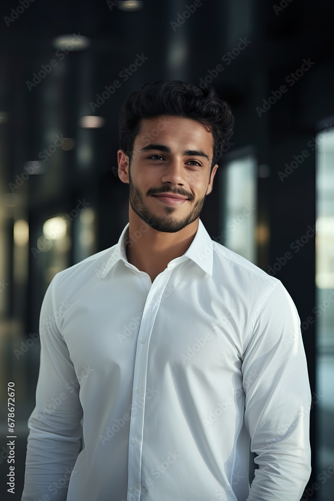 Obraz premium Smiling Arab Young Man in Modern White Office