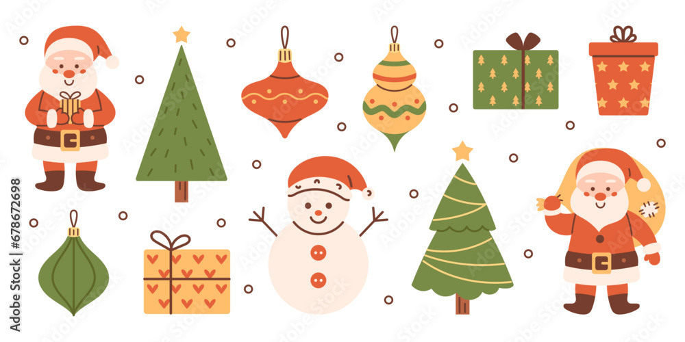 Vector Christmas set with Santa Claus, gift boxes, snowman, christmas tree and baubles. New Year and Christmas collection. Winter funny illustration in flat design. Vector Christmas set with Santa Claus, gift boxes, snowman, christmas tree and baubles. New Year and Christmas collection. Winter funny illustration in flat design.