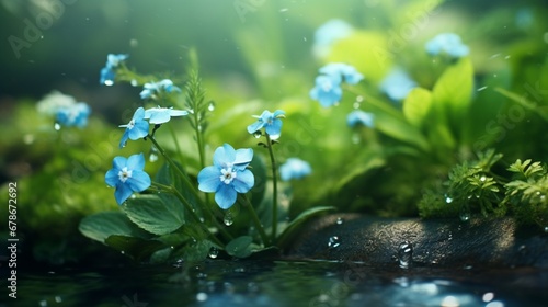 The subtle beauty of a forget-me-not, its tiny blue flowers nestled amidst lush green leaves, evoking a sense of nostalgia.