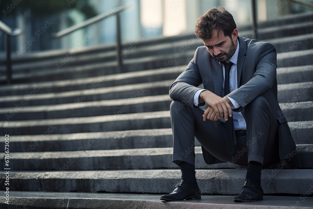 Close-up portrait of business man in depression sitting on the stairs outdoor. Work stress concept Close-up portrait of business man in depression sitting on the stairs outdoor. Work stress concept