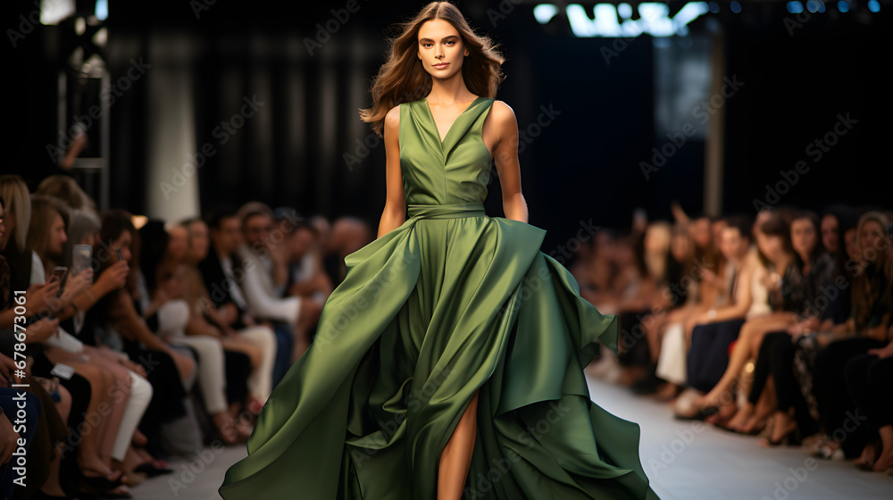 Fototapeta premium Beautiful girl model walks along the catwalk
