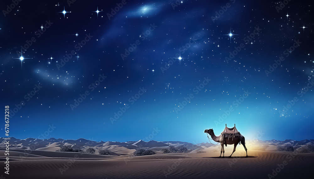 Camel at night in desert with stars, ramadan concept - obrazy, fototapety, plakaty 