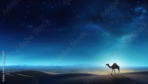 Camel at night in desert with stars  ramadan concept