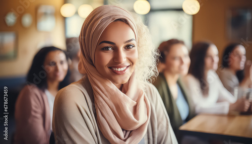 Muslim women sitting in cafe and having fun photo