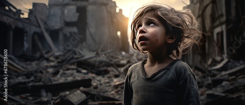 Portrait little girls crying in the ruins of buildings caused by war. AI generated photo
