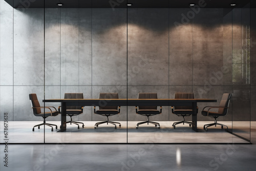 Empty modern conference room and meeting room with office table and chairs in background of glass room. Business concept of projects and meetings.