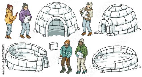 Persons building igloo in winter as team, engaging in seasonal activity. Creative construction of ice shelter with company of people, embracing cold season.