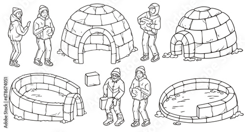 Persons building igloo in winter as team, engaging in seasonal activity. Creative construction of ice shelter with company of people, embracing cold season.