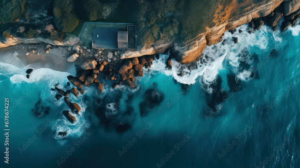 Aerial view of a rocky beach in the middle of the ocean