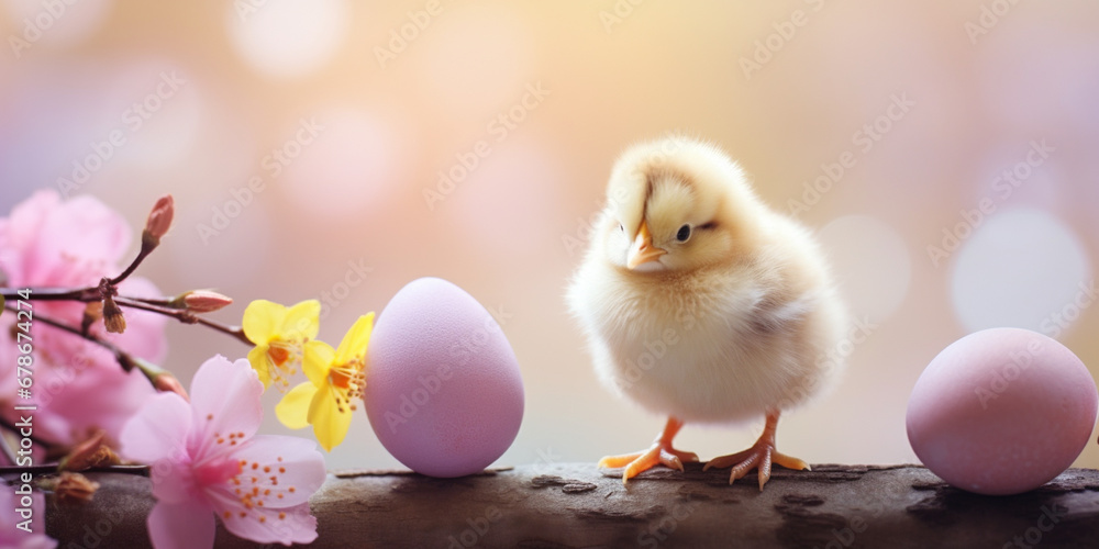 Easter banner with painted eggs and spring cherry blossom flower and cute little baby chicken on pastel background. Soft whimsical light with copy space..