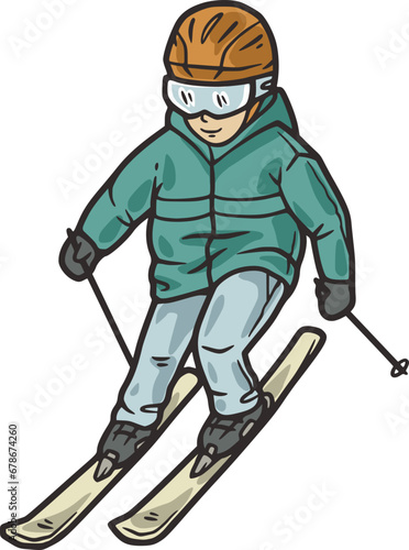 Skier child vector on top of a snowy mountain. Downhill skiing in winter mountains. Sporty skiing on a steep ski slope. Winter sport for ski resort.