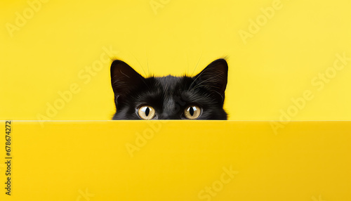 Portrait of a black cat on a yellow background, concept for Black Friday photo