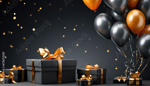 Black box with a gift and balloons for Black Friday