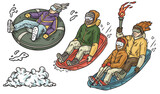 Persons sledding down snowy hill. Winter sport , sled activity, outdoor joy and fun, and seasonal excitement. Man holds a torch in his hand as symbol of a tournament or competition. Snow tubing.