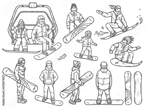 Group of people in various snowboarding poses, participating in exhilarating winter sport. Season activity and competitions. Dynamic winter action and outdoor fun. Snowboard elements for design