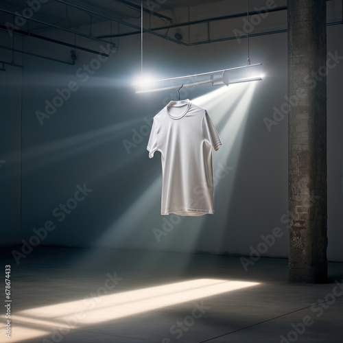White t-shirt hanging on a hanger in an empty room. 3d rendering
