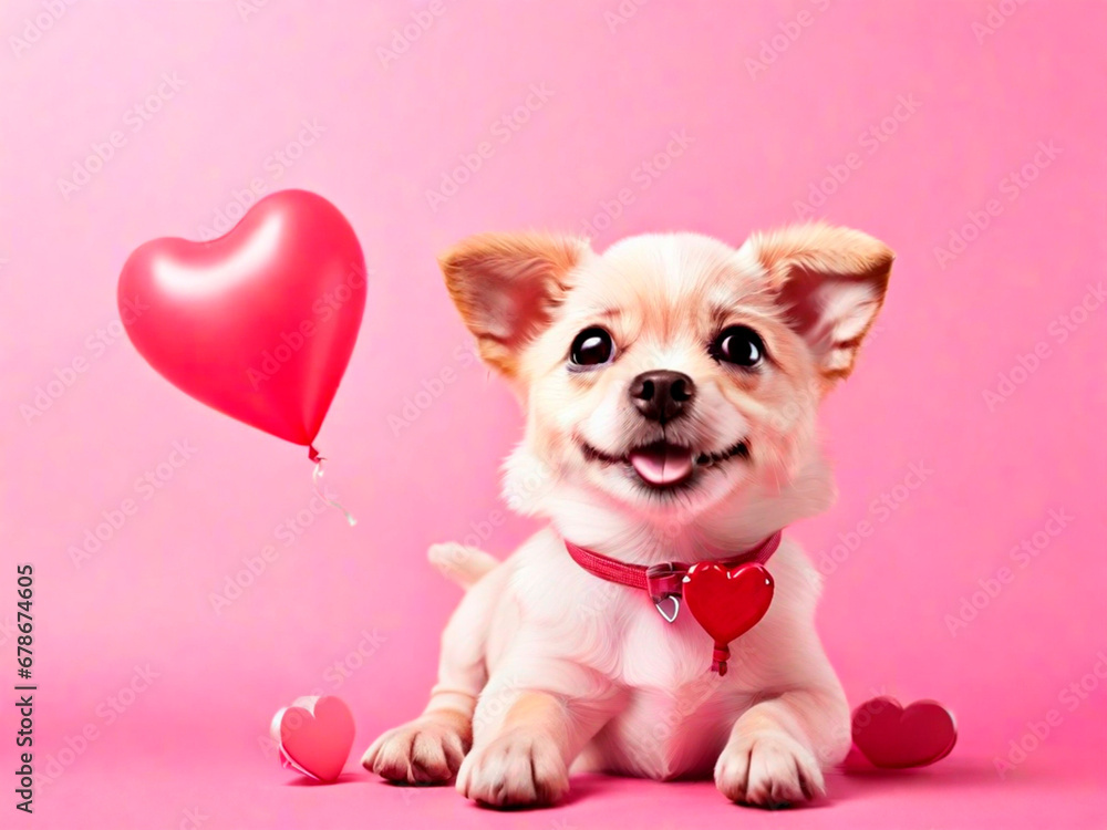 Cute chihuahua puppy with heart shaped balloon on pink background.IA generativa