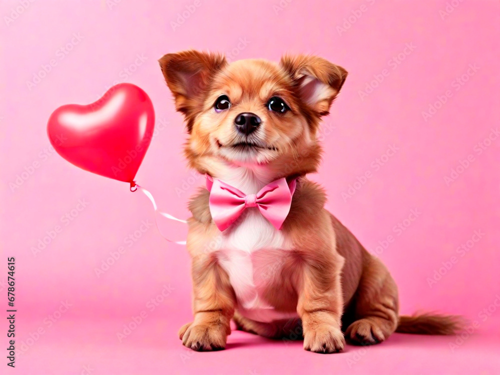 Cute chihuahua puppy with heart shaped balloon on pink background.IA generativa