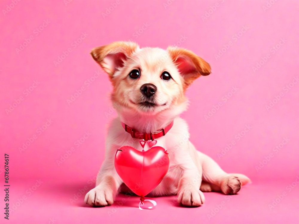 Cute chihuahua puppy with red heart on pink background.IA generativa