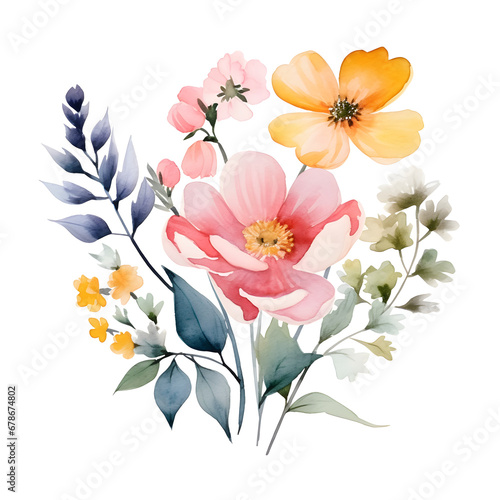Beautiful watercolor floral bouquet  with summer flowers and herbs. Stock illustration