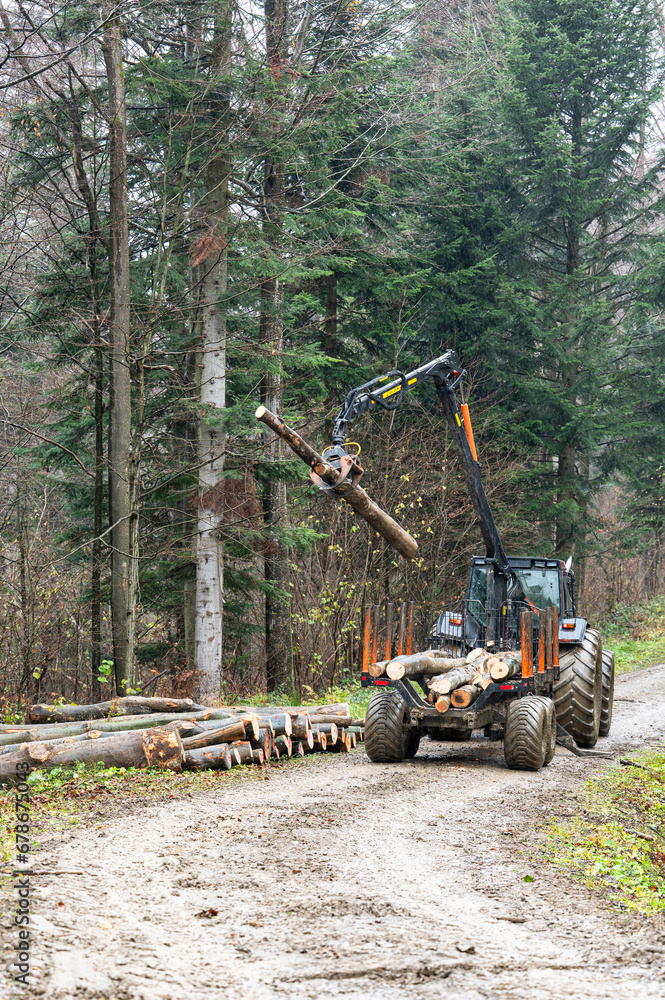 A specialized forest tractor working with logging in the rain in the Carpathians, Poland. A specialized forest tractor working with logging in the rain in the Carpathians, Poland.