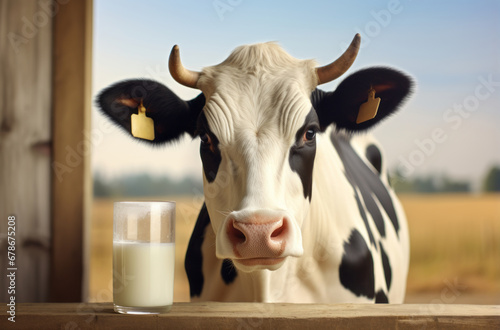 Farm-to-glass purity, A dairy cow and a glass of milk against the rural backdrop.