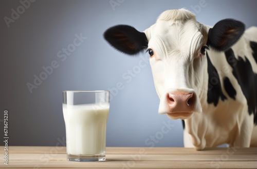 Farm-to-glass purity, A dairy cow and a glass of milk against the rural backdrop.