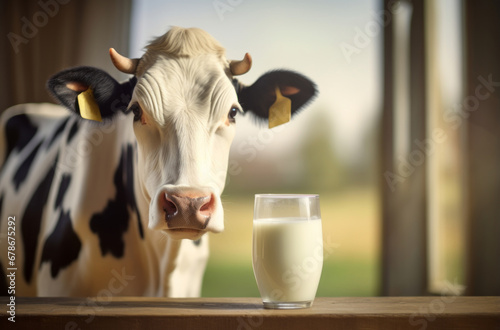 Farm-to-glass purity, A dairy cow and a glass of milk against the rural backdrop.