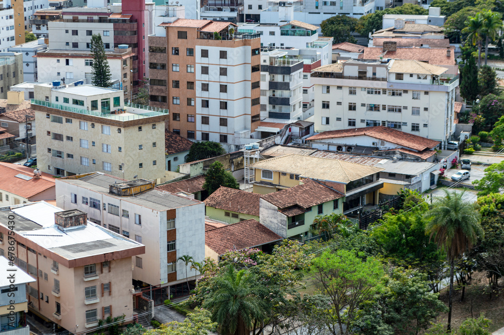 Panorama of several residential buildings seen from above in the city of Belo Horizonte. Vehicle traffic. horizontal.