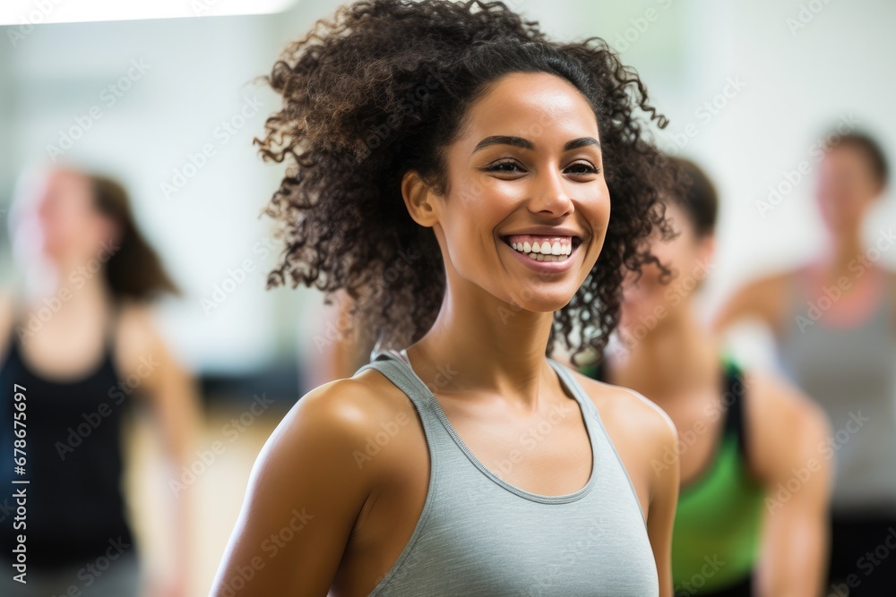 Joyful woman dancing in a fitness class with others Joyful woman dancing in a fitness class with others