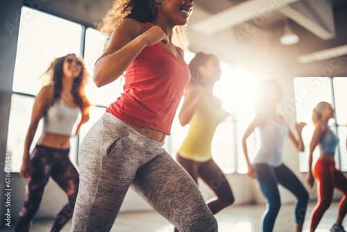 Joyful woman dancing in a fitness class with others photo
