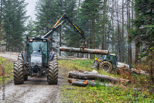 A specialized forest tractor working with logging in the rain in the Carpathians  Poland.